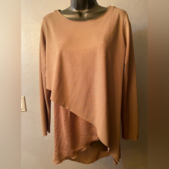 Zara tan/brown asymmetrical hem multi layer wide neck long sleeve shirt - Picture 2 of 16